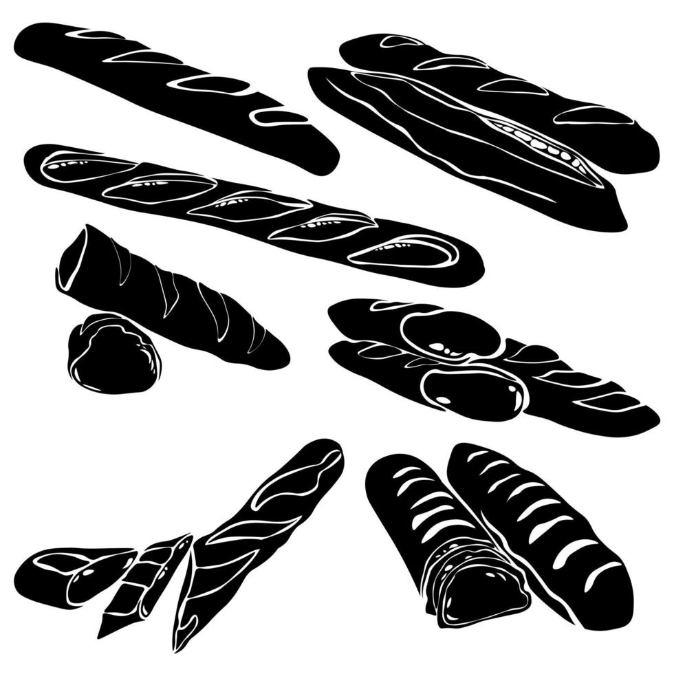 Baguette silhouette set, pastries for breakfast, logo for bakery and confectionery vector