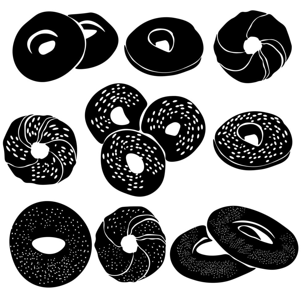 Set of bagels silhouettes, sweet pastries with and without powder vector