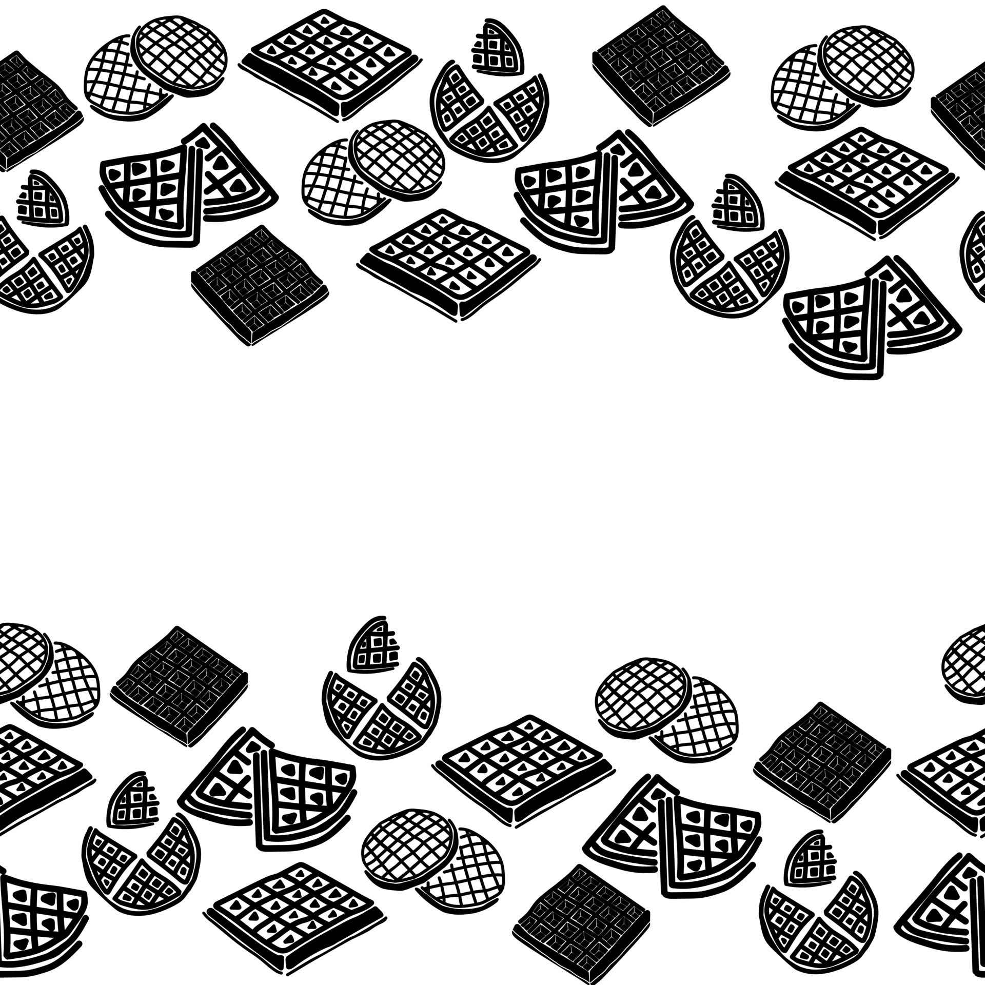 Horizontal border of waffle silhouettes, decorative frame of waffles of various shapes and sizes