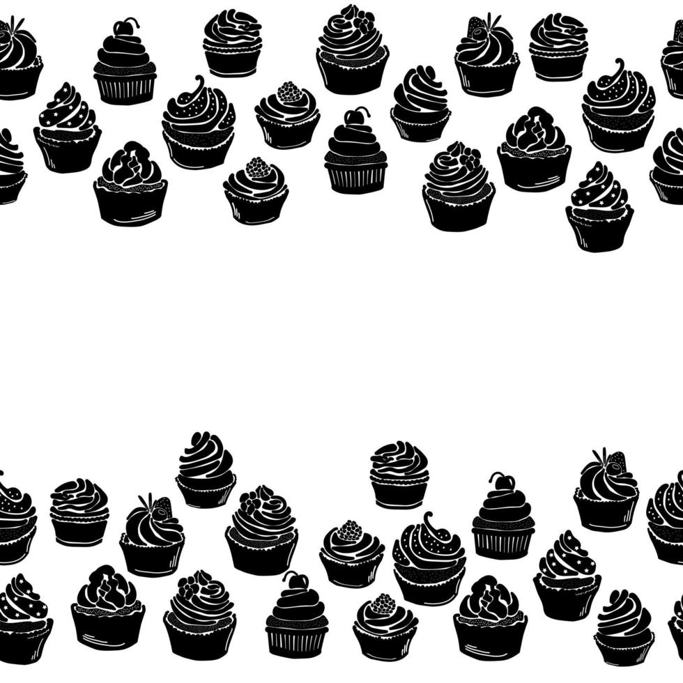 Cupcake silhouette horizontal border, muffin decorative frame with various decor for design vector