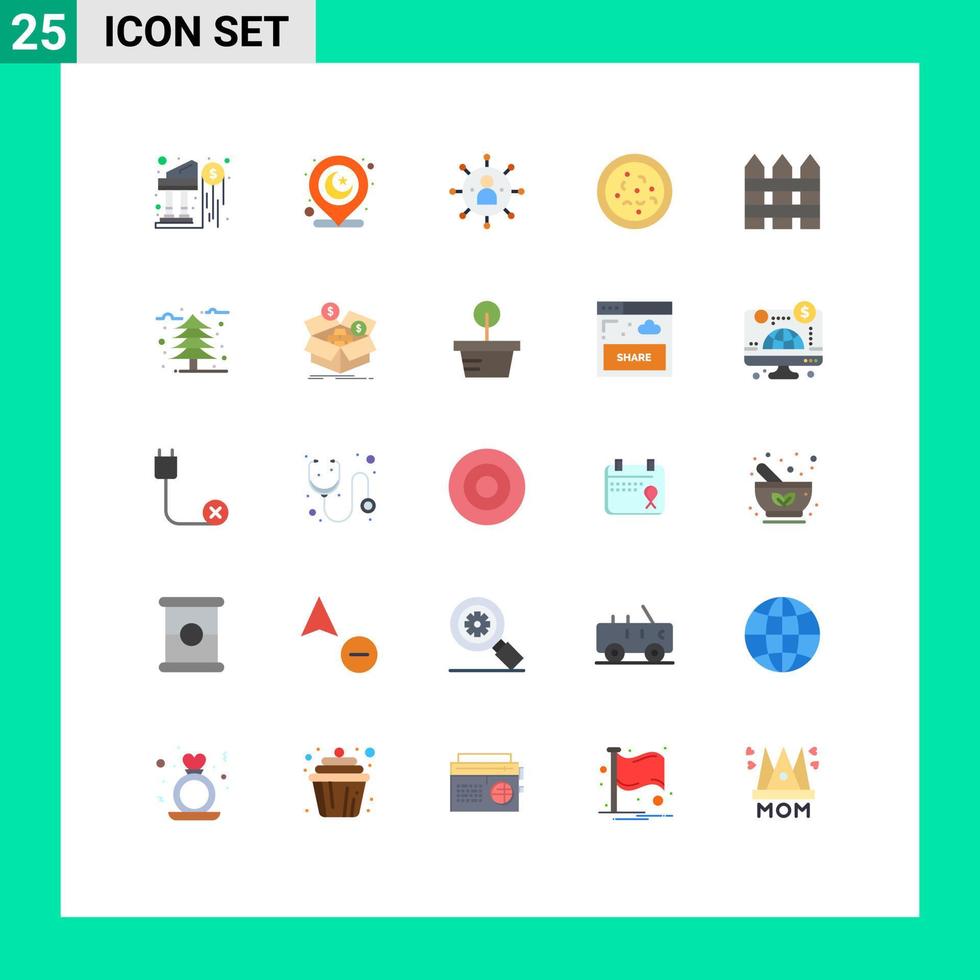 Pack of 25 Modern Flat Colors Signs and Symbols for Web Print Media such as fence eat business food share Editable Vector Design Elements