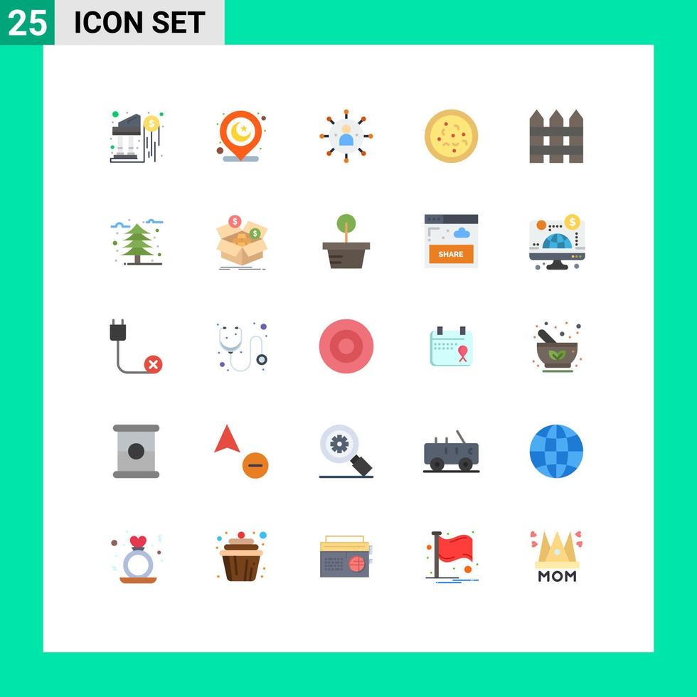 paquete de 25 signos y símbolos modernos de colores planos para medios de impresión web, como vallas, comer alimentos comerciales, compartir elementos de diseño de vectores editables