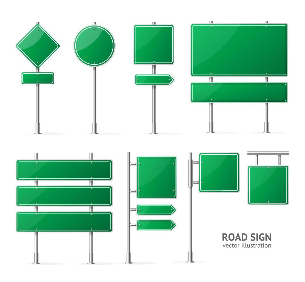 Realistic Detailed 3d Green Blank Road Sign Template Mockup Set. Vector