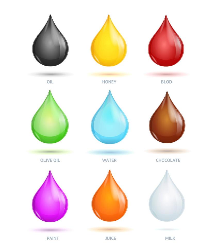 Realistic Detailed Different Color Drops Set. Vector