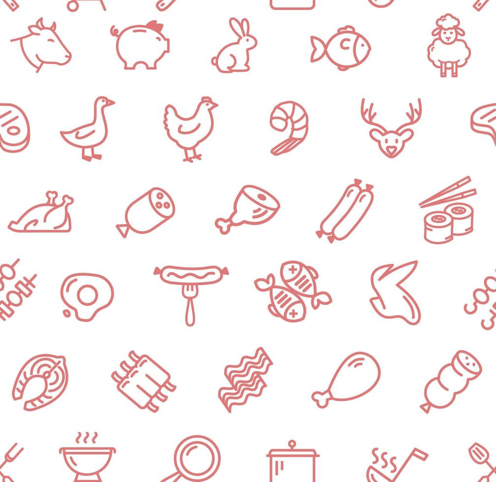 Meat Butchery Thin Line Signs Seamless Pattern Background on a White. Vector