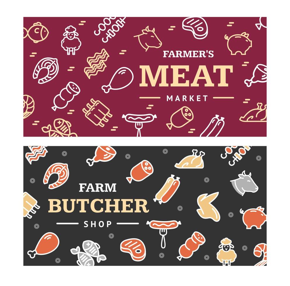 Meat Butchery Banner Horizontal Set. Vector