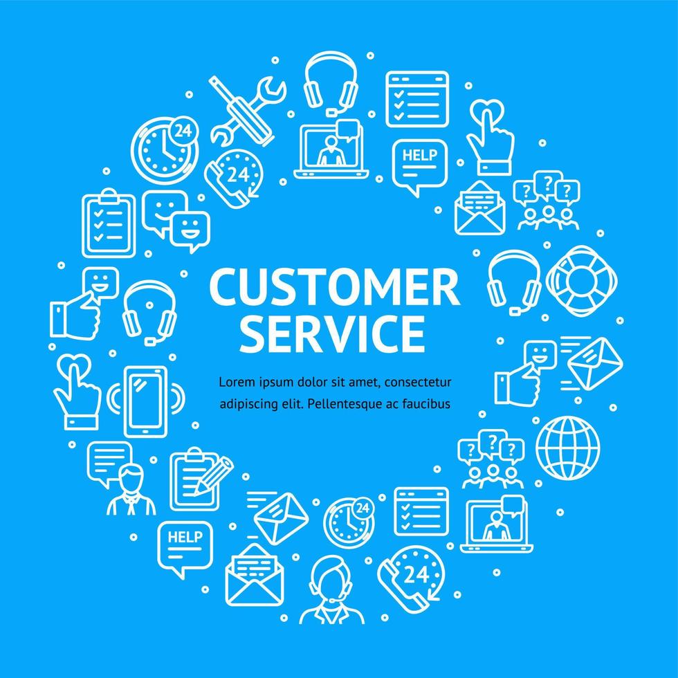 Customer Service Signs Round Design Template Thin Line Icon Banner Concept. Vector