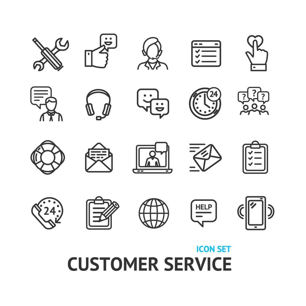 el servicio al cliente firma un conjunto de iconos de línea delgada negra. vector