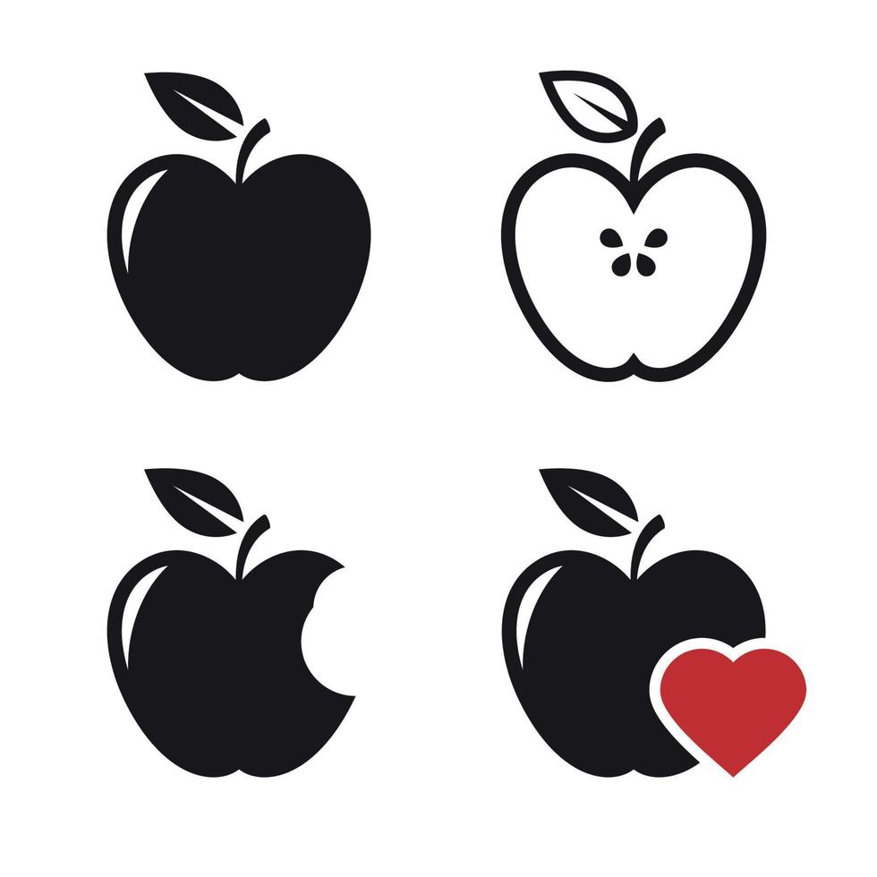 conjunto de iconos de manzana, negro sobre un fondo blanco vector