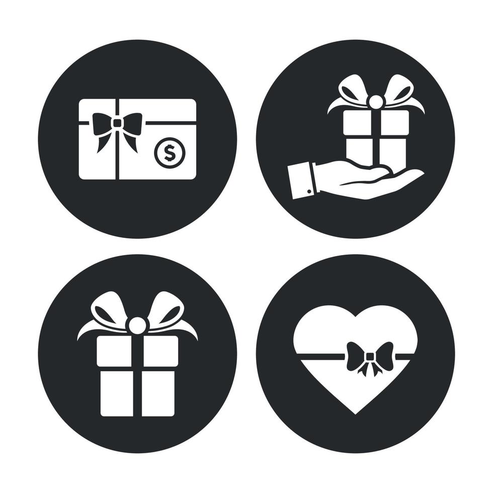 Gift icons set, white on a black background vector