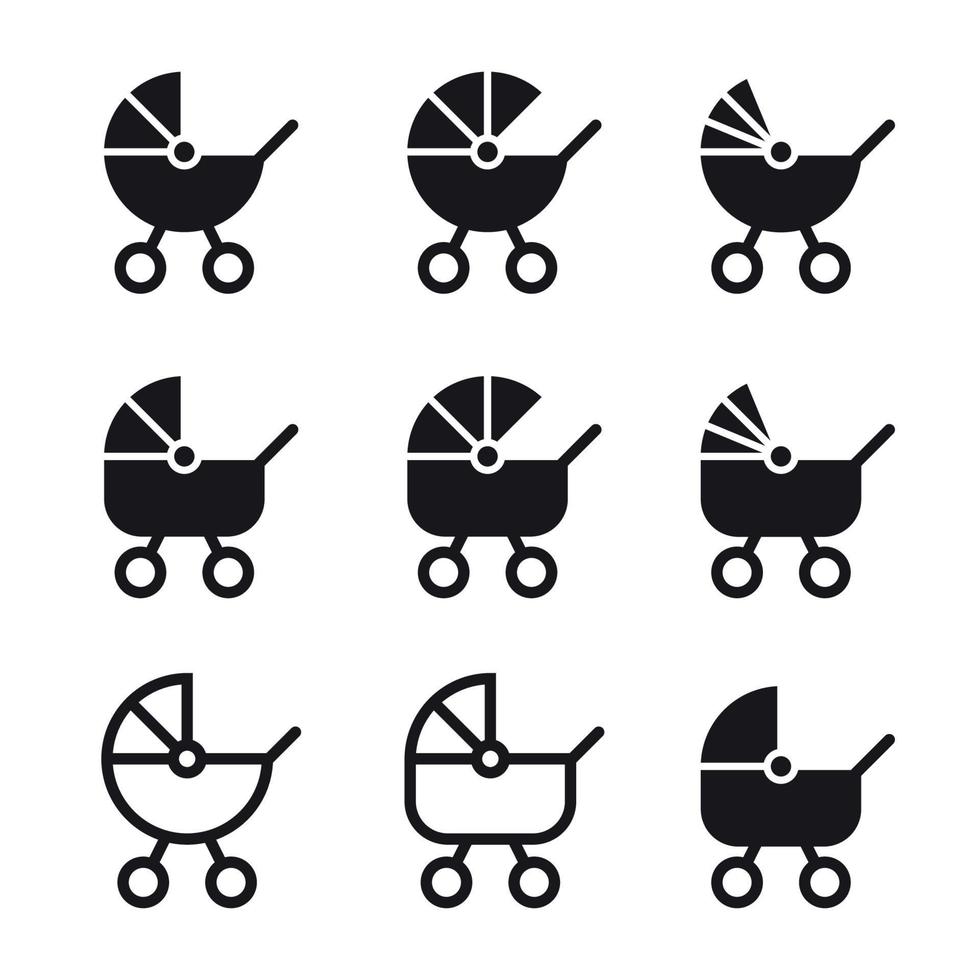 iconos negros aislados en un carro de bebé temático vector