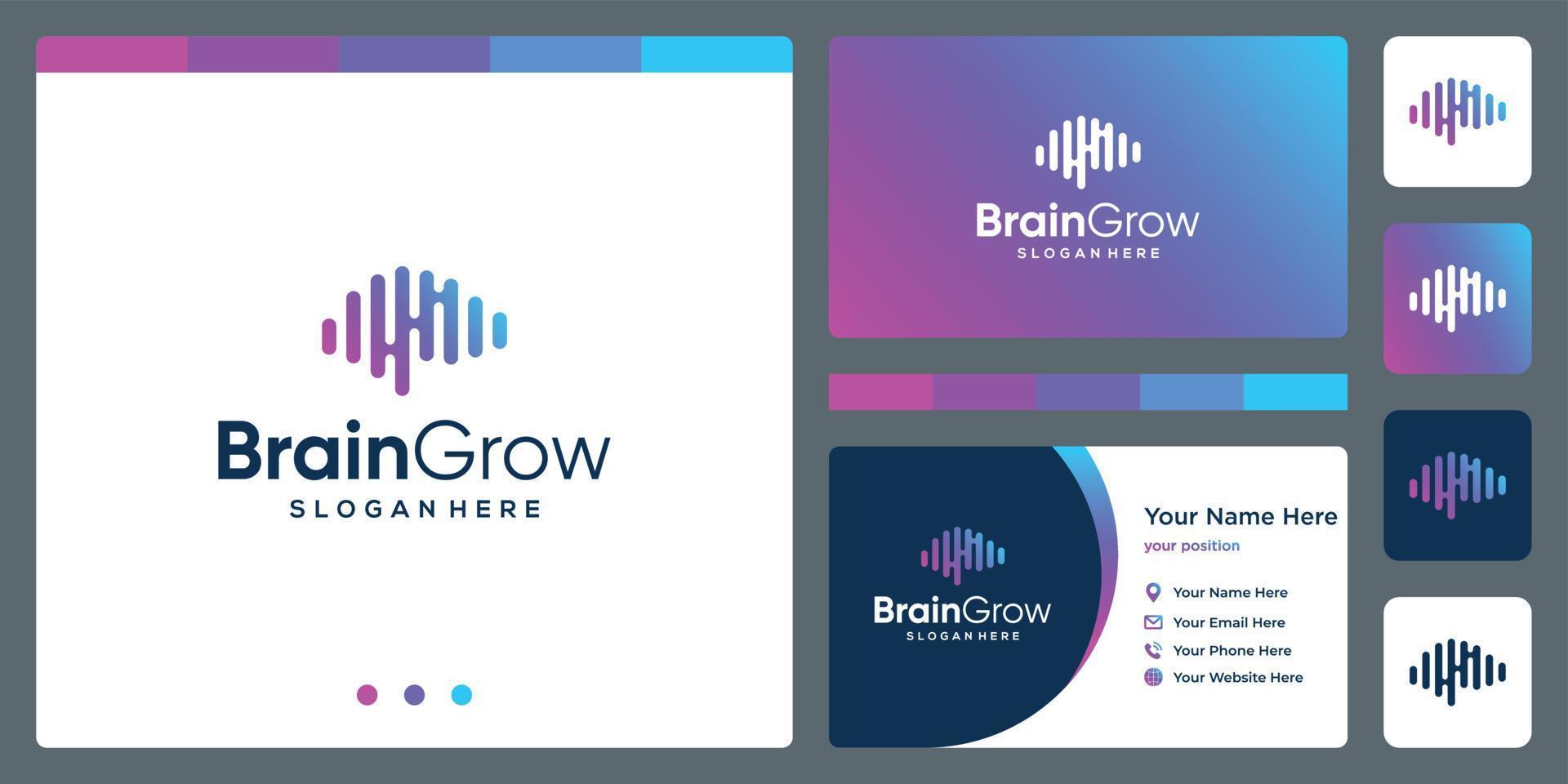 brain technology logo with growth investment arrow and business card design template vector