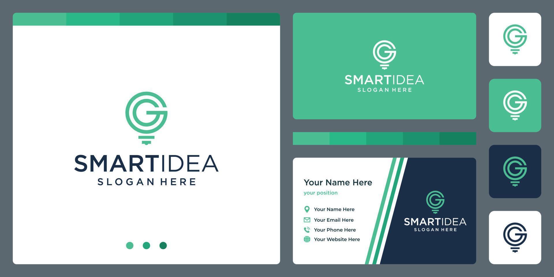 smart idea with shape lamp bulb and initials letter G. business card design template. vector premium