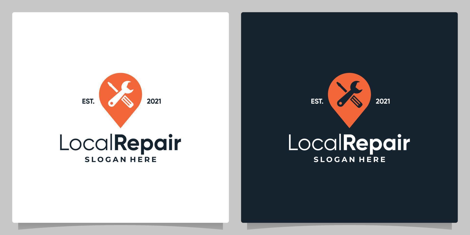 Map pin location symbol with logo a workshop equipment and business card design. vector