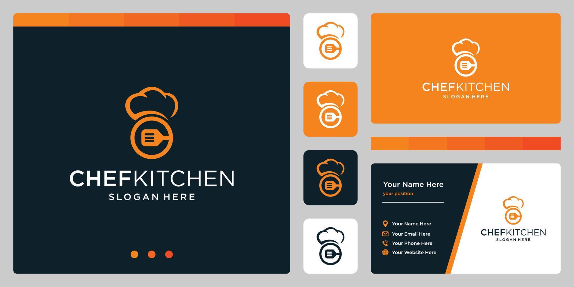 plantilla de diseño de logotipo de sombrero de chef vectorial con logotipo de utensilios de cocina. diseño de tarjeta de visita vector