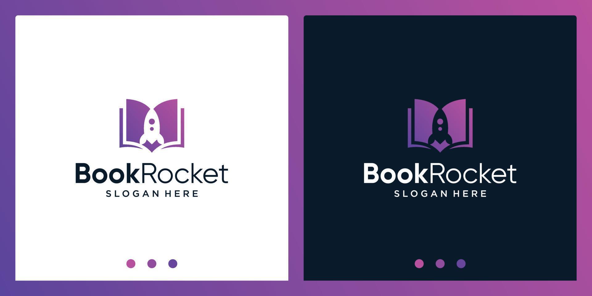 Inspiración en el diseño del logotipo de libro abierto con el logotipo de diseño de cohetes. vector premium