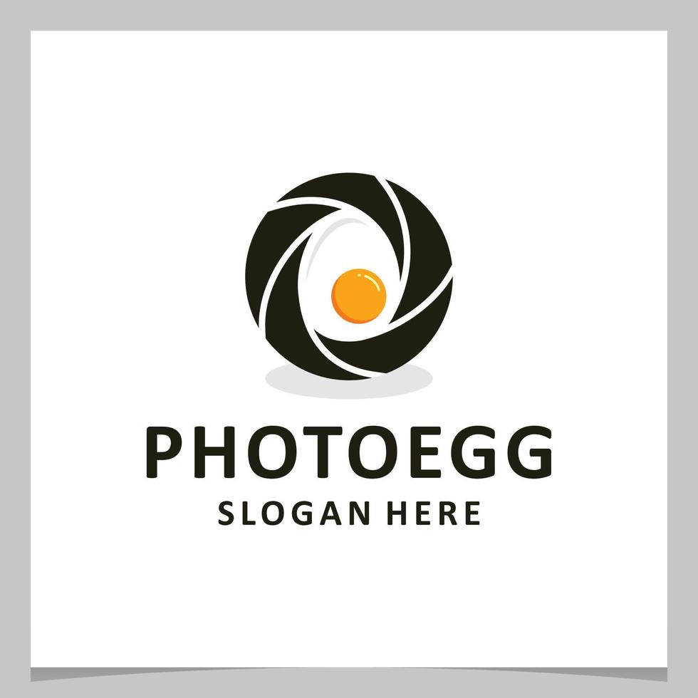 Logo with egg and camera. Vector sign omelet in a pan. Illustration breakfast with camera symbol. Premium vector