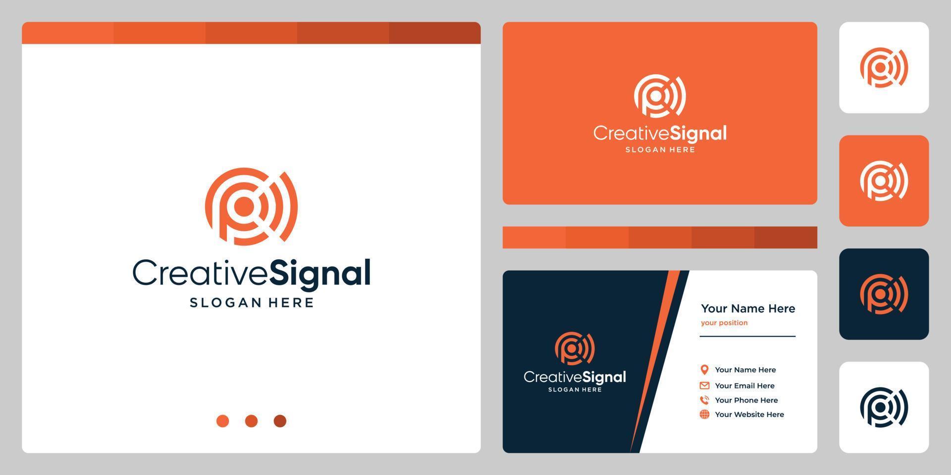 logotipo inicial creativo de la letra p con el logotipo de la señal wifi. plantilla de diseño de tarjeta de visita vector