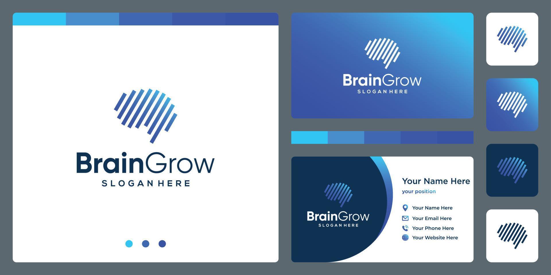 brain technology logo with growth investment arrow and business card design template vector