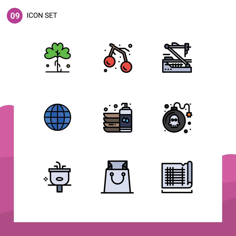 Universal Icon Symbols Group of 9 Modern Filledline Flat Colors of ineternet globe cherry world robot Editable Vector Design Elements