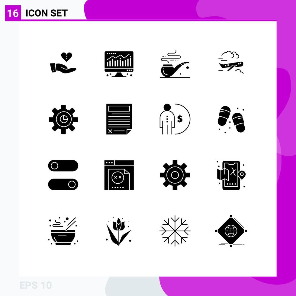 User Interface Pack of 16 Basic Solid Glyphs of gear graph pipe fly plane Editable Vector Design Elements