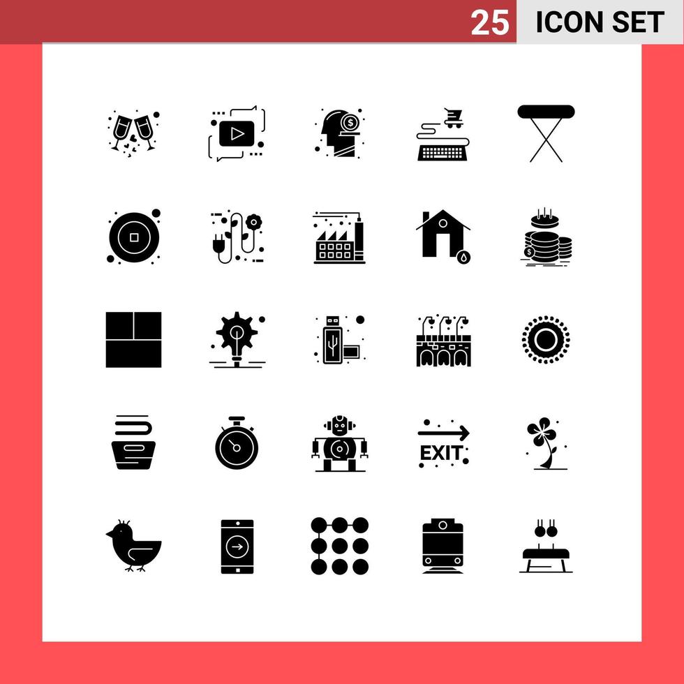 Set of 25 Commercial Solid Glyphs pack for appliances online play ecommerce mind Editable Vector Design Elements