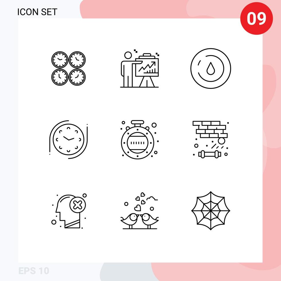 9 User Interface Outline Pack of modern Signs and Symbols of time water business power energy Editable Vector Design Elements