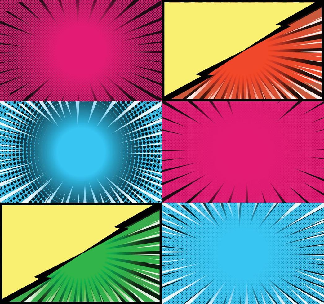 Comic book colorful frames background with halftone rays radial and dotted effects pop art style vector