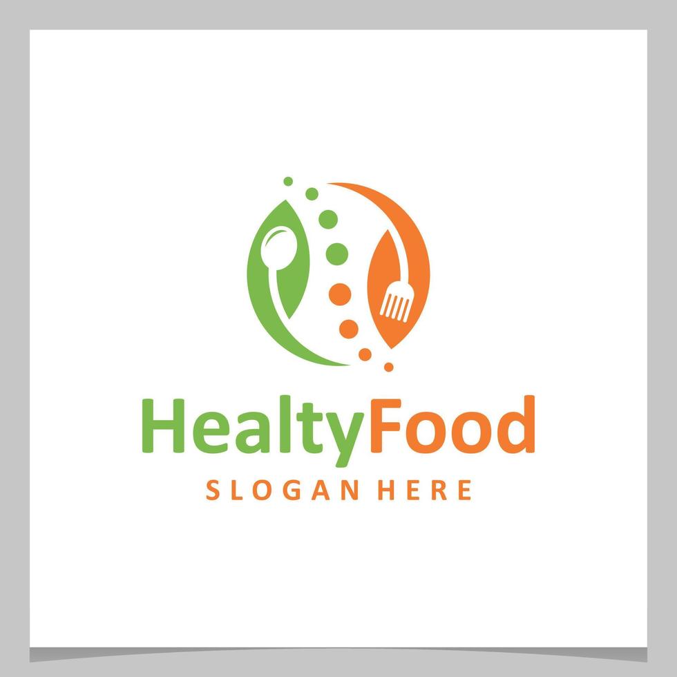 diseño de logotipo de inspiración comida saludable con cubiertos y hojas. vector premium