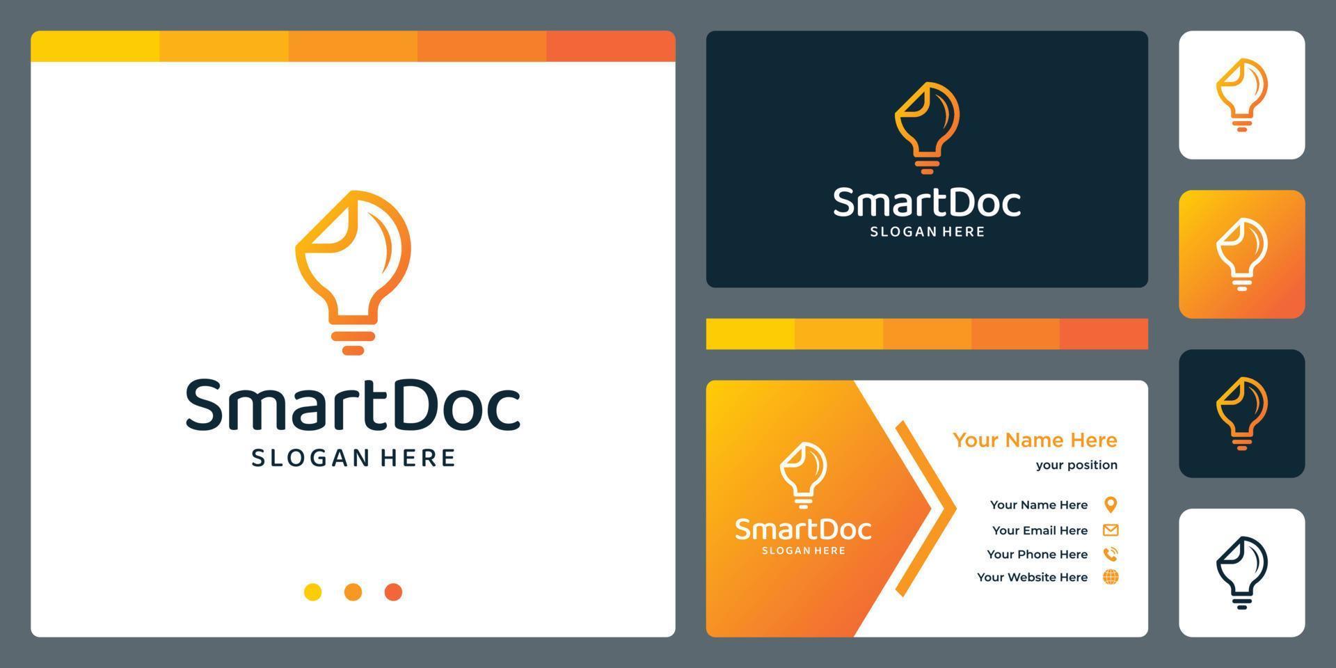 Logo design smart lamp bulb and document design logo with line model. premium vector. business card vector