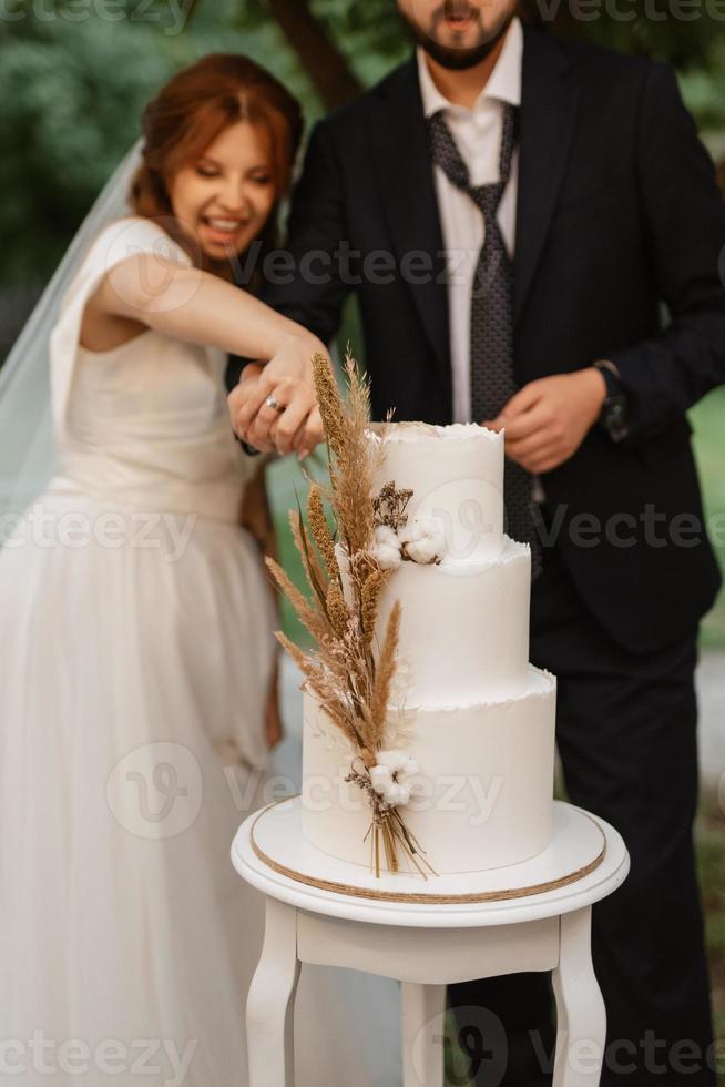 los recién casados felizmente cortan y prueban el pastel de bodas foto