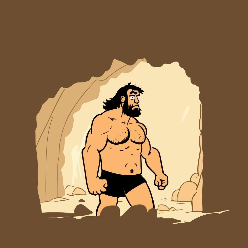 hombre de las cavernas primitivo barbudo fuerte vector