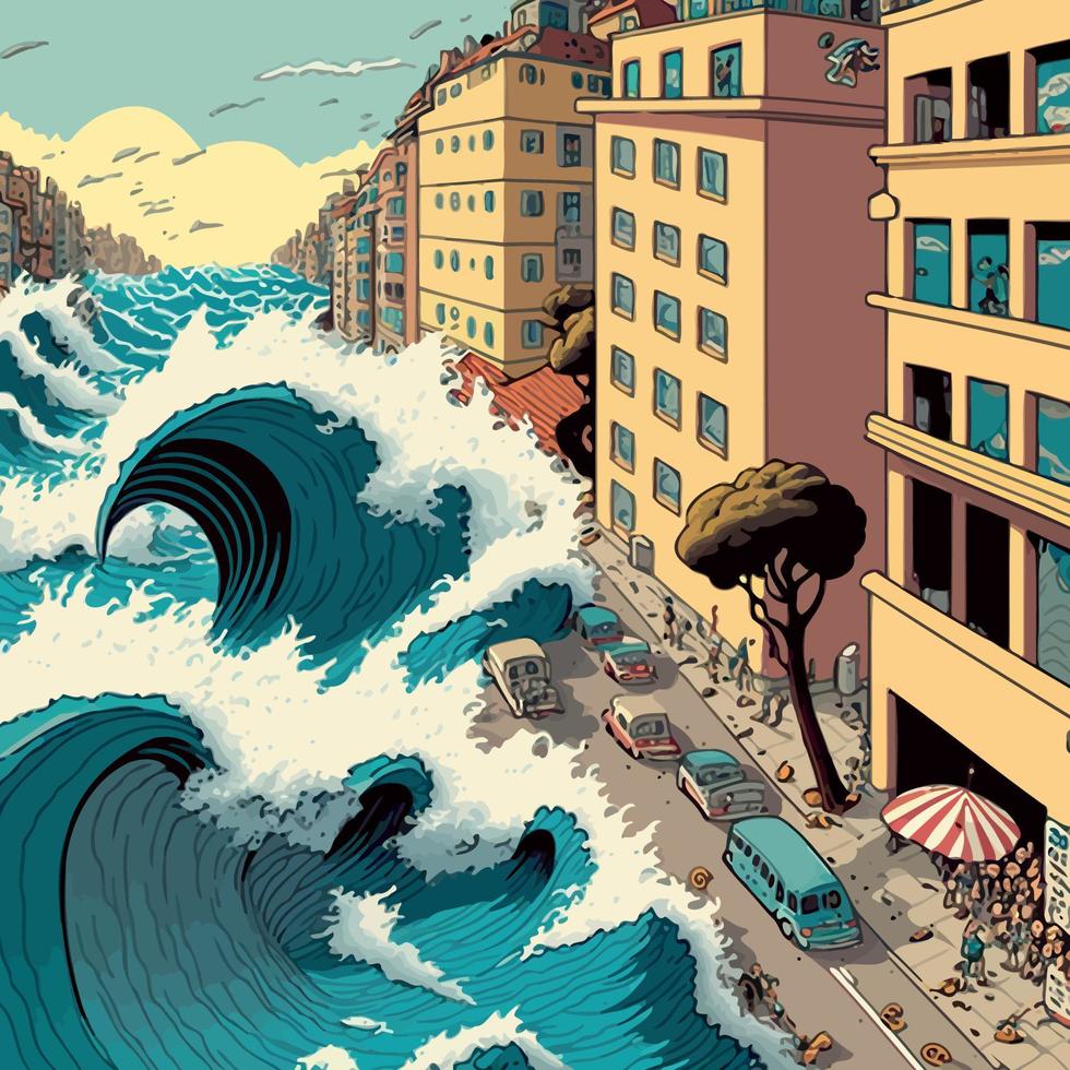 giant marine tsunami destroying a city vector