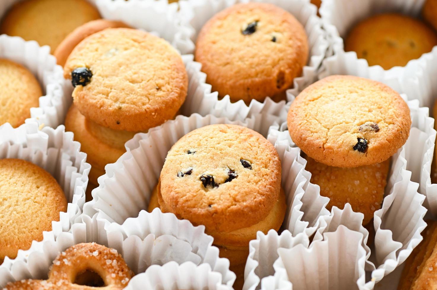 cookie box with danish butter cookies on box background, close up photo