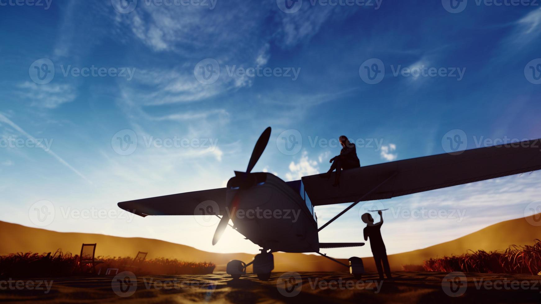 mujer de silueta sentada en el ala de un avión y un niño corriendo con un avión de juguete, representación 3d. foto