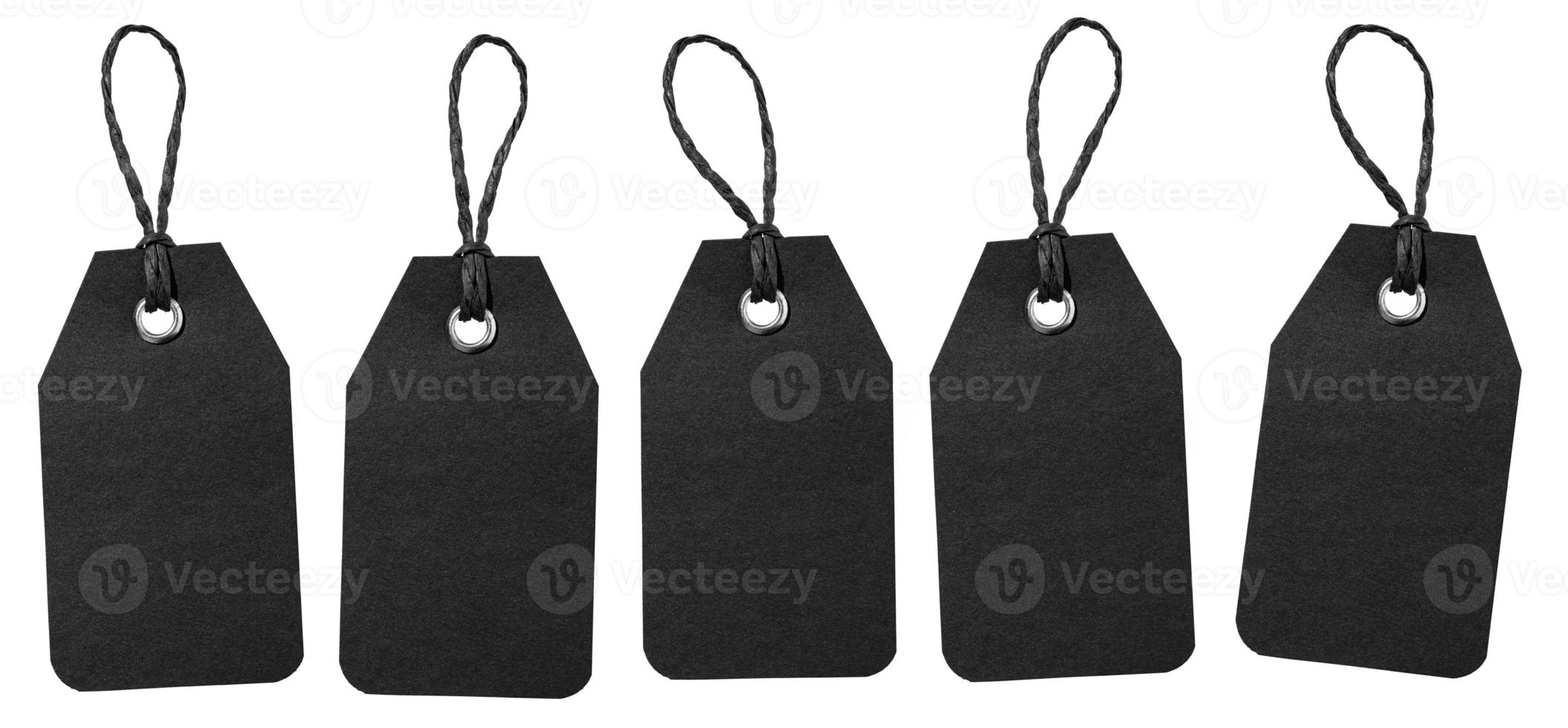 Set of Blank black price tag with string isolated on white background. Template mock up photo