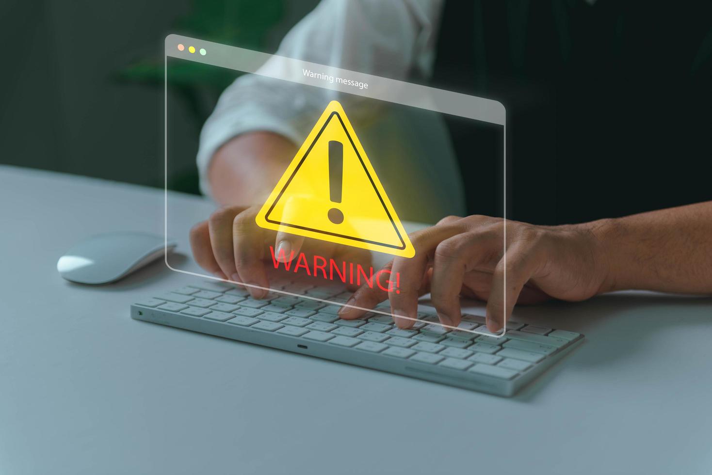 System hacked warning alert, Man using laptop with cyber attack network, virus, spyware, scam or Malicious software. Cyber security and cybercrime. Compromised information internet photo