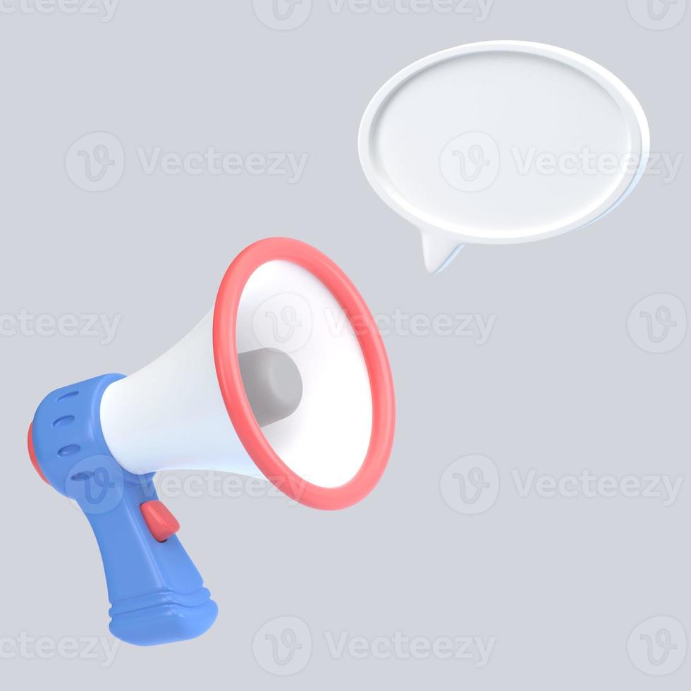3D rendering of a megaphone with a speech bubble with an empty space for text. A symbol of news, advertising, marketing. Isolated illustration on gray background. Realistic plastic 3d loudspeaker photo