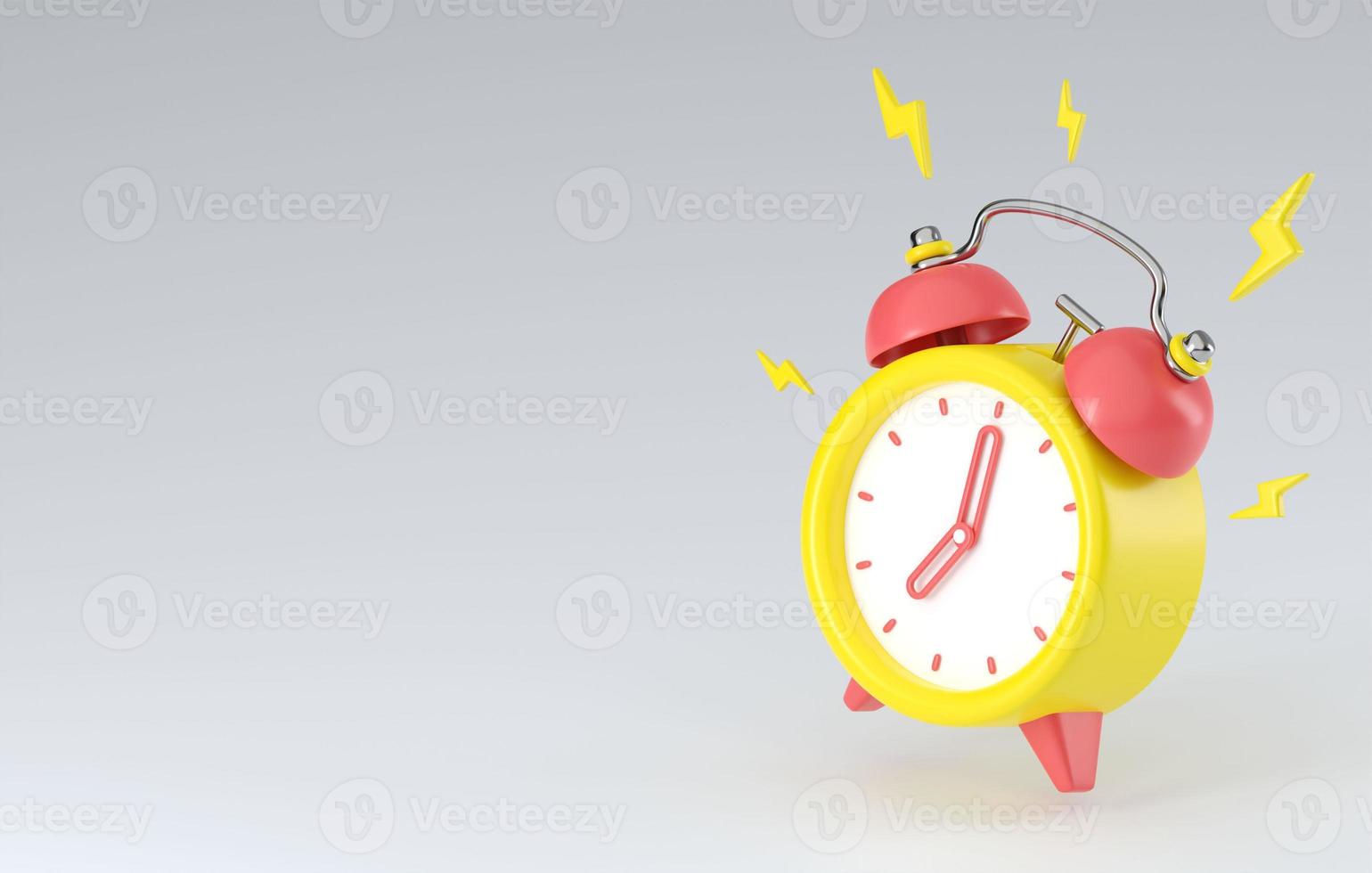 3D rendering of a ringing alarm clock with lightning bolts. 7 am on the dial. Wake up. Isolated illustration on a gray background with empty space for text.3D render of realistic bouncing alarm clock photo