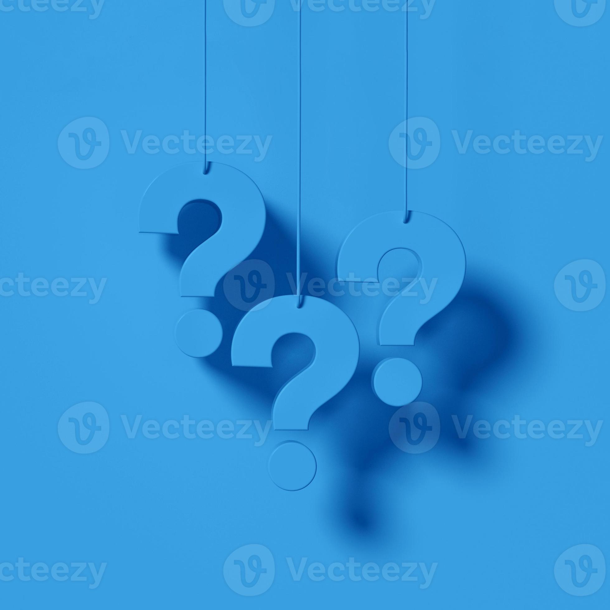 Three blue question marks in front of a blue wall background. FAQ
