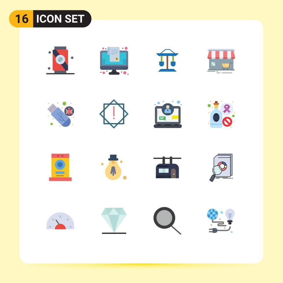 User Interface Pack of 16 Basic Flat Colors of malware shopping well building store Editable Pack of Creative Vector Design Elements