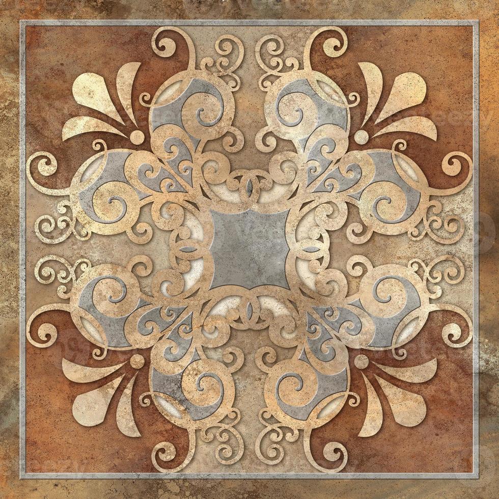 Digital tiles design.  3D render Colorful ceramic wall tiles decoration. Abstract damask patchwork seamless pattern with geometric and floral ornaments, Vintage tiles intricate details photo