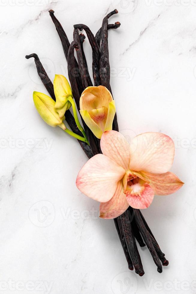 Dried vanilla sticks and orchid flower set up on marble background. photo