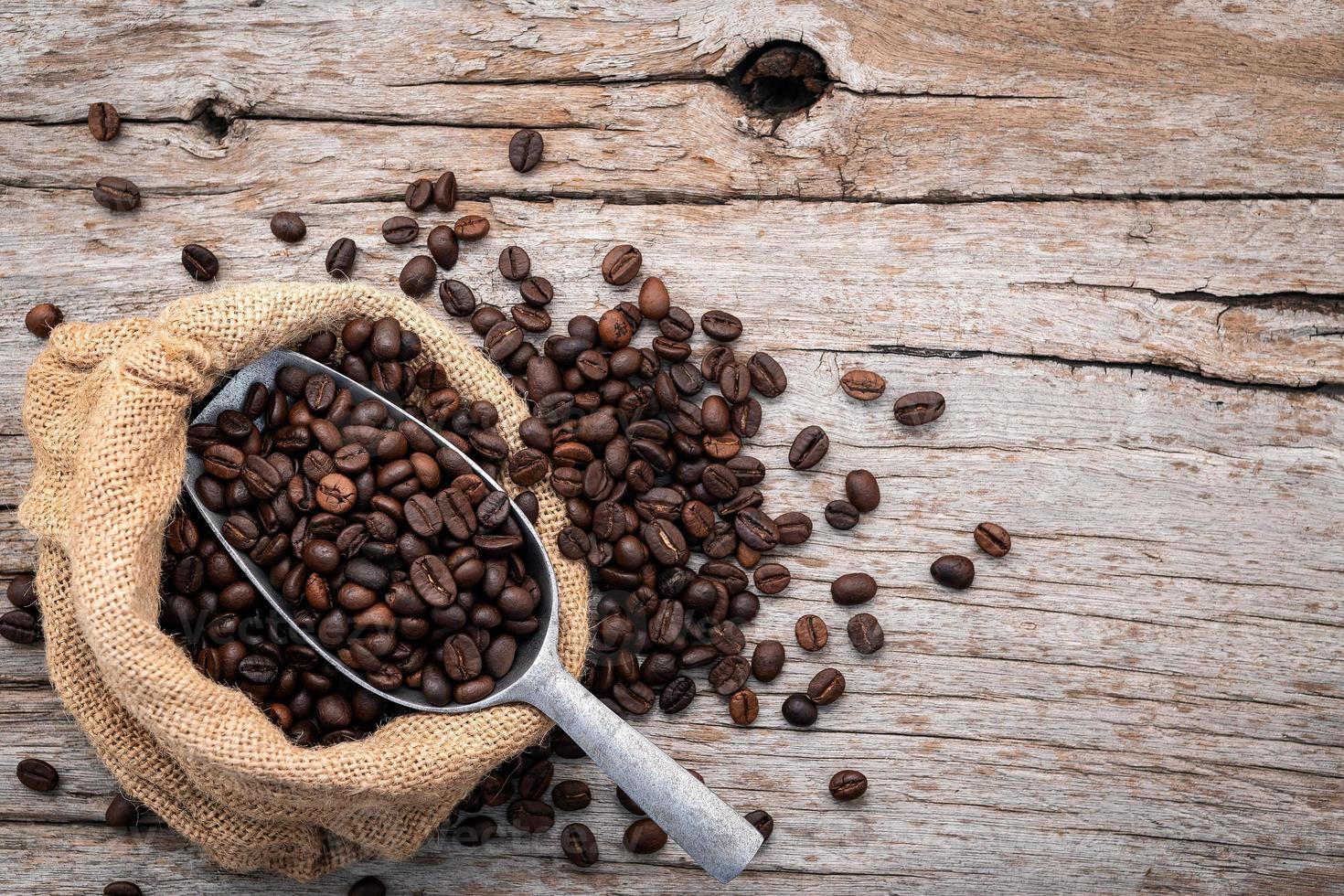 Background of dark roasted coffee beans with scoops setup on wooden background with copy space. photo