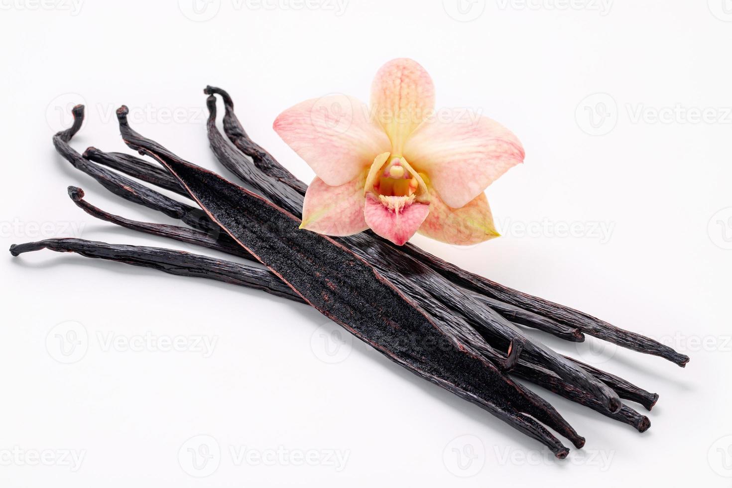 Dried vanilla sticks and orchid flower set up on marble background. photo