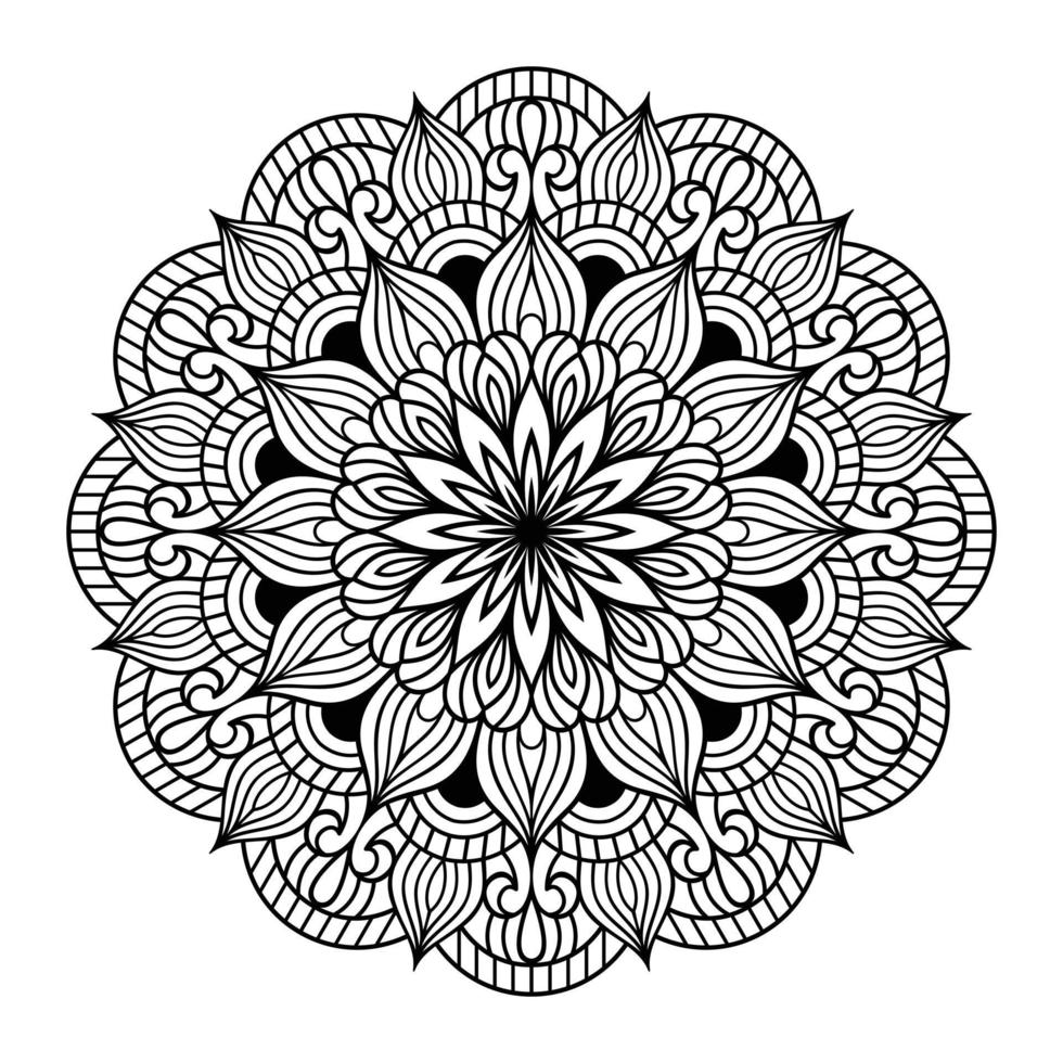 Mandala floral coloring page for adults relaxation, black and white mandala coloring page hand drawn outlined doodle line art, adult mandala for coloring page interior vector