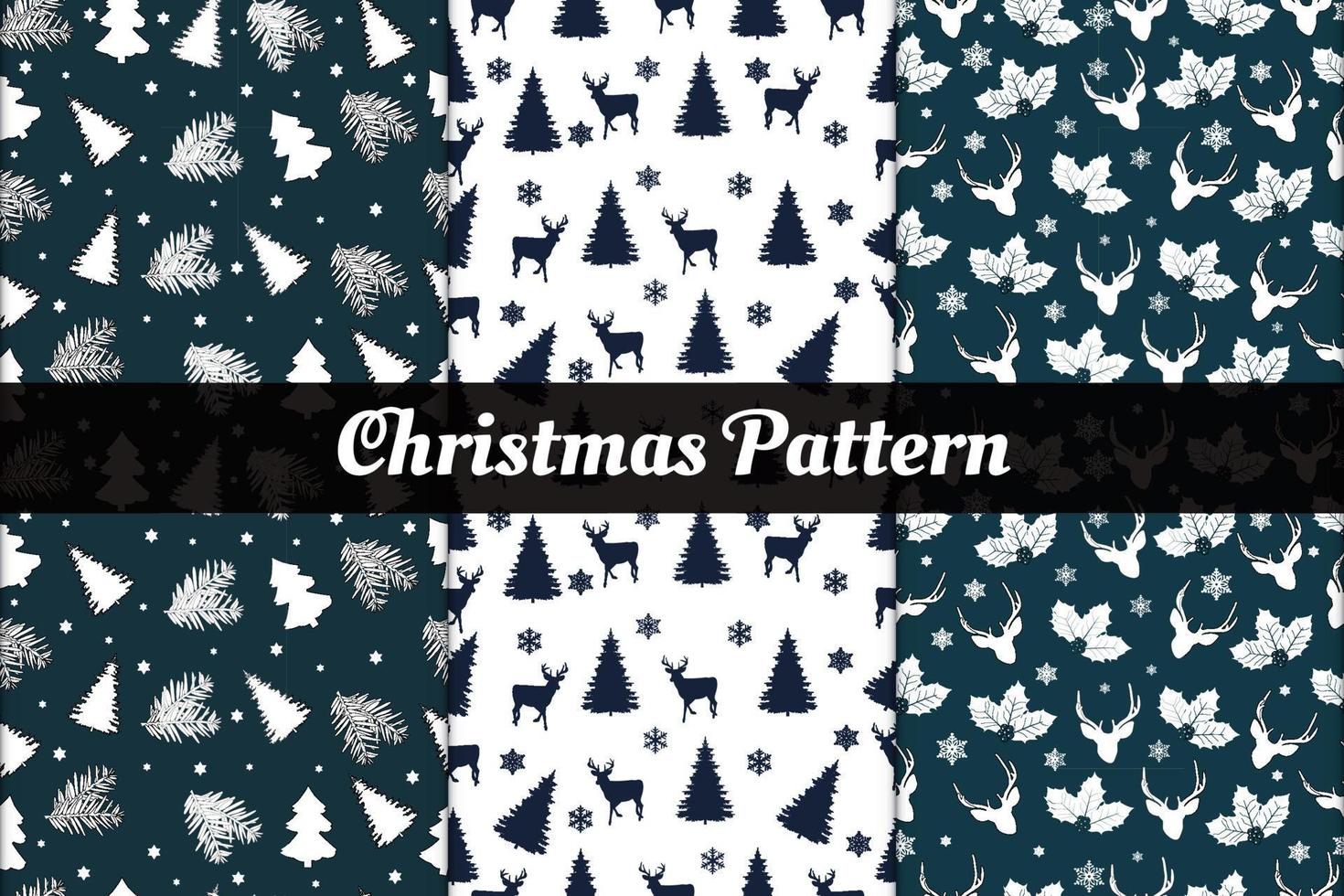 patrones navideños con hojas, copos de nieve, ciervos vector