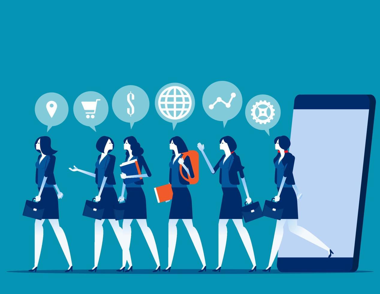 Business people group and analysis program marketing. Concept buisness referral marketing vector illustration, CUstomers walking out of smartphone
