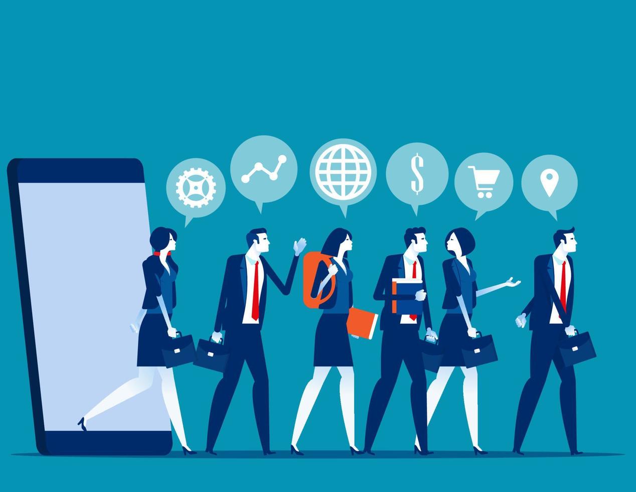 Business people group and analysis program marketing. Concept buisness referral marketing vector illustration, CUstomers walking out of smartphone