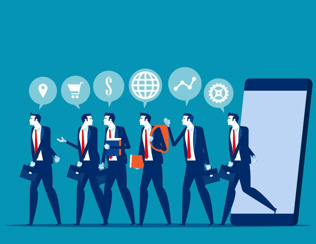 Business people group and analysis program marketing. Concept buisness referral marketing vector illustration, CUstomers walking out of smartphone